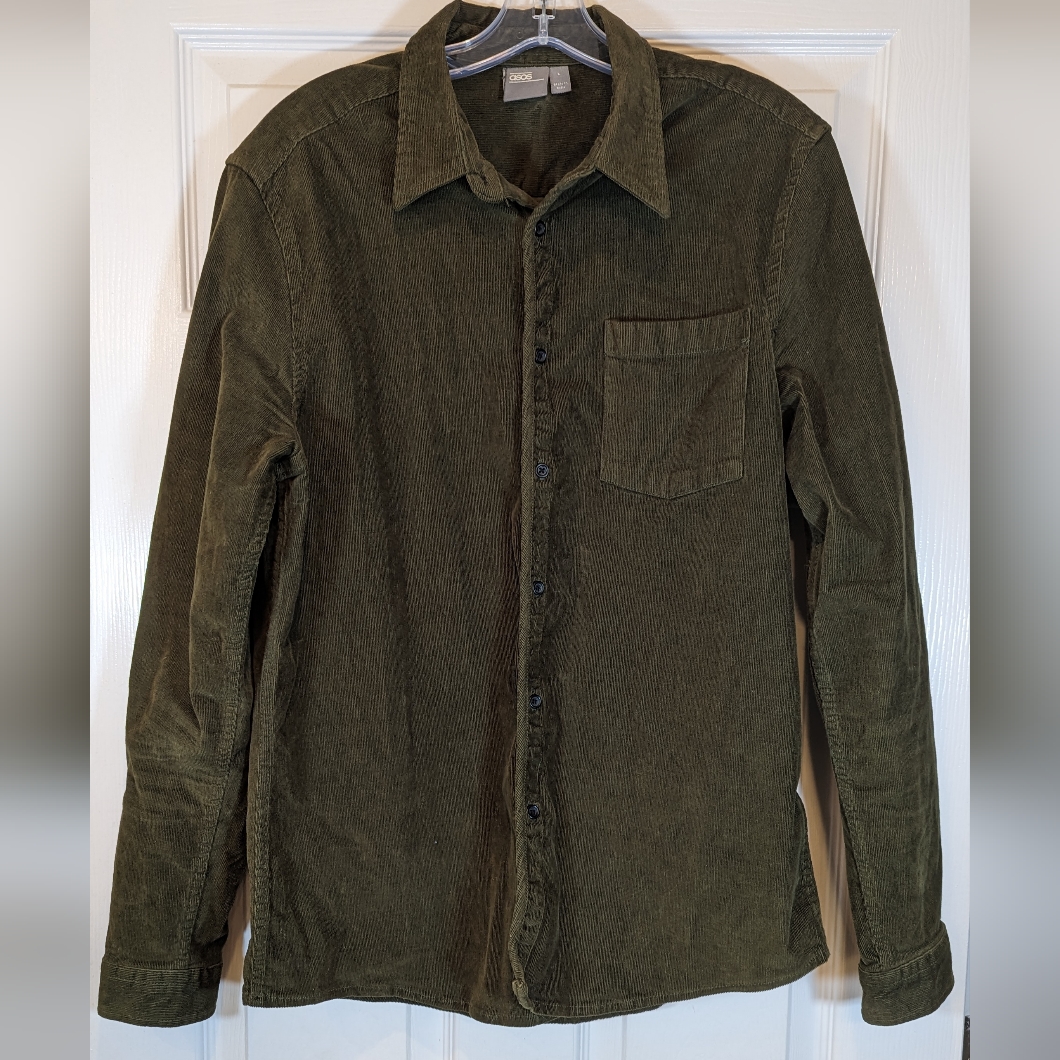 Asos Unisex Corduroy Shirt Jacket Shacket Button Down Olive Army Green Size L